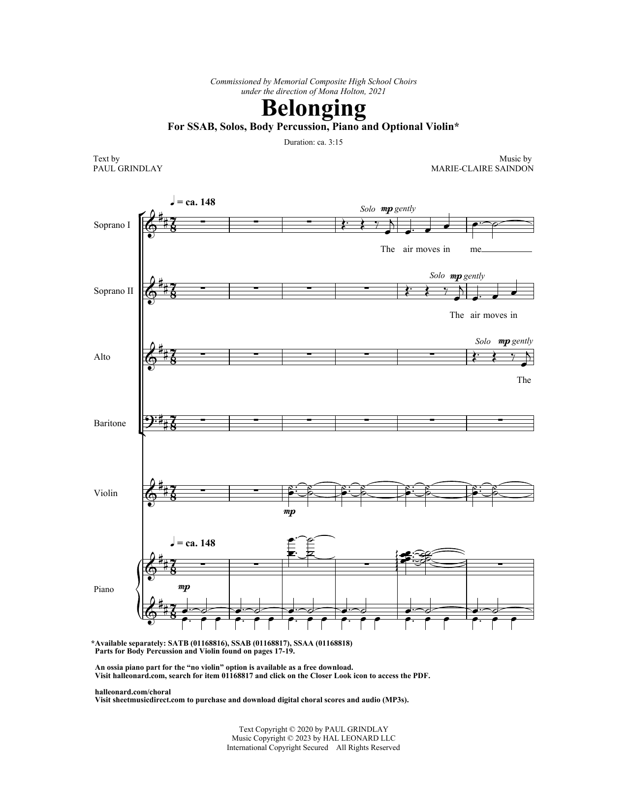 Download Marie-Clairé Saindon Belonging Sheet Music and learn how to play SSAA Choir PDF digital score in minutes