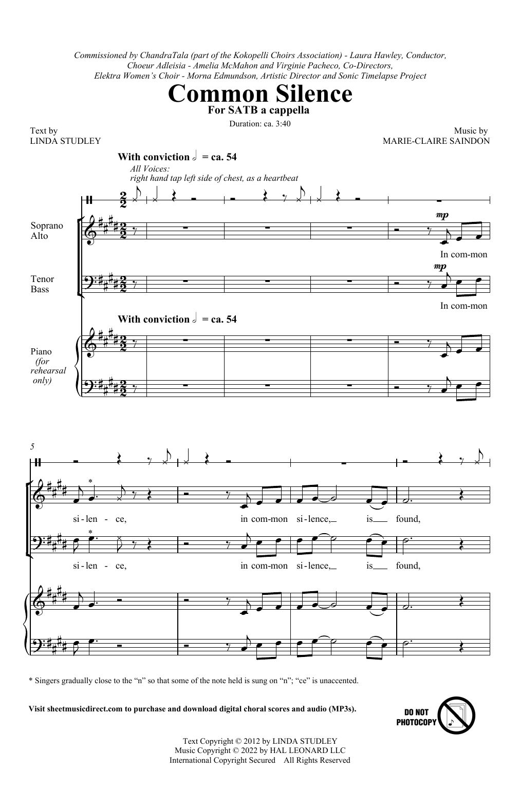 Download Marie-Claire Saindon Common Silence Sheet Music and learn how to play 2-Part Choir PDF digital score in minutes