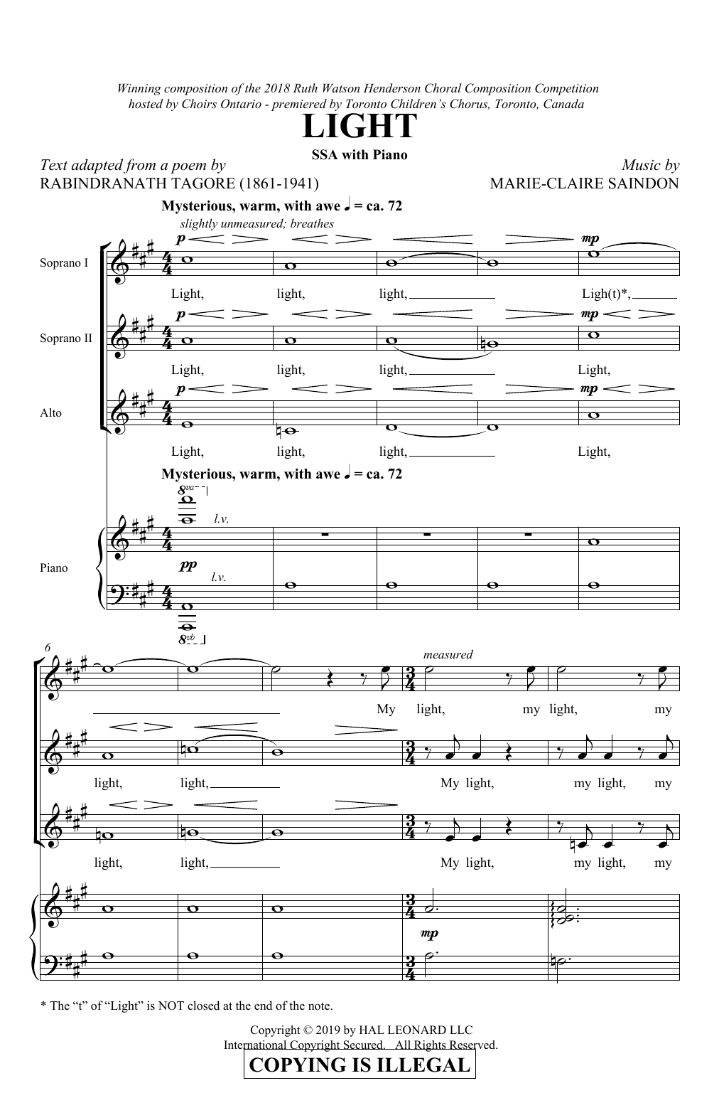 Download Marie-Claire Saindon Light Sheet Music and learn how to play SSA Choir PDF digital score in minutes