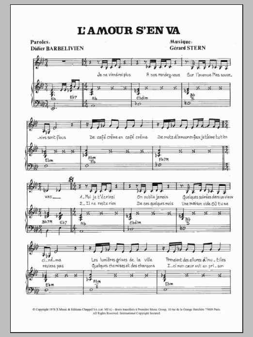 Download Marie-France Roussel L'Amour S'en Va Sheet Music and learn how to play Piano & Vocal PDF digital score in minutes