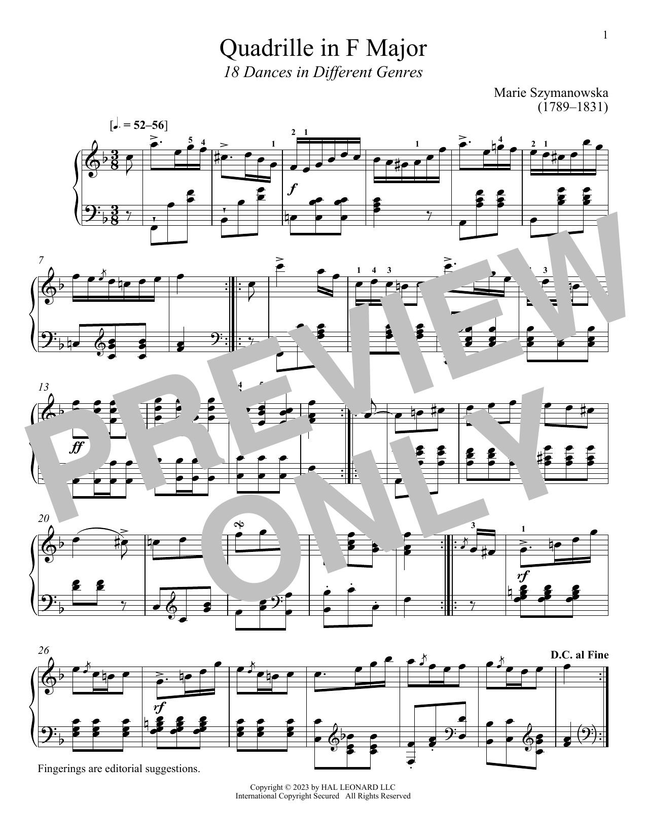 Download Marie Szymanowska Quadrille in F Major Sheet Music and learn how to play Piano Solo PDF digital score in minutes