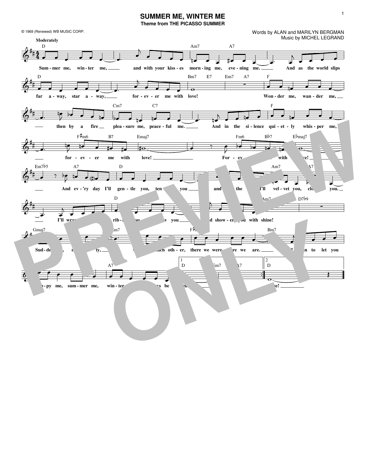 Download Marilyn Bergman Summer Me, Winter Me Sheet Music and learn how to play Melody Line, Lyrics & Chords PDF digital score in minutes
