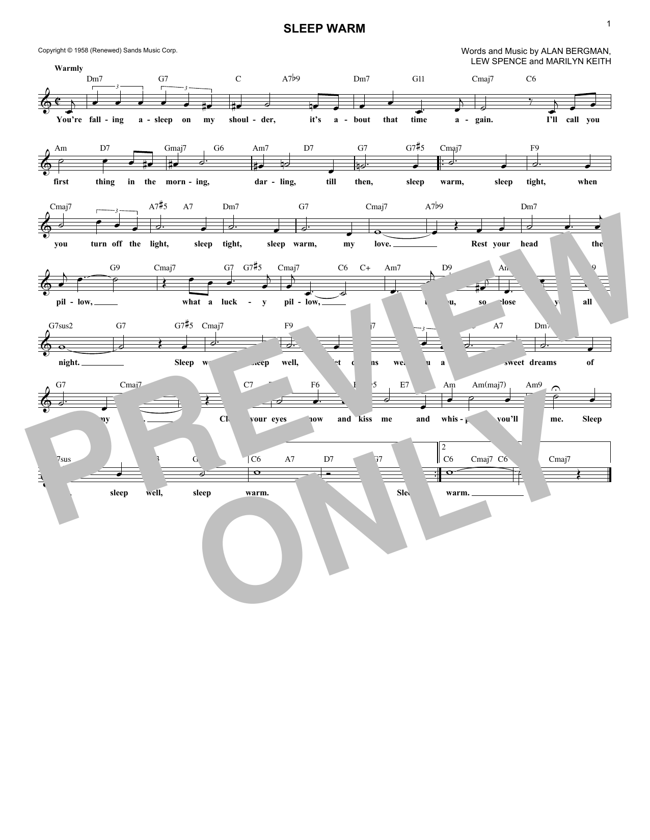 Download Marilyn Keith Sleep Warm Sheet Music and learn how to play Melody Line, Lyrics & Chords PDF digital score in minutes