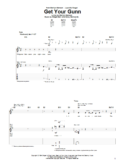 Download Marilyn Manson Get Your Gunn Sheet Music and learn how to play Guitar Tab PDF digital score in minutes