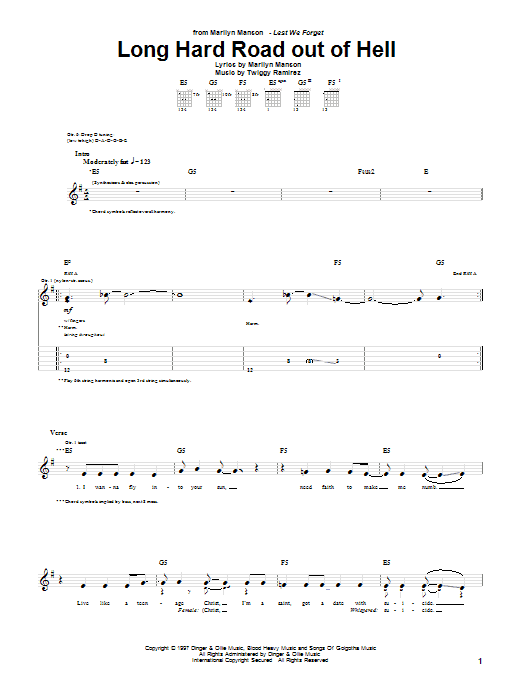 Download Marilyn Manson Long Hard Road Out Of Hell Sheet Music and learn how to play Guitar Tab PDF digital score in minutes