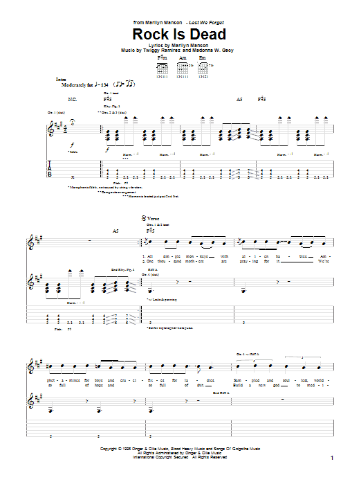 Download Marilyn Manson Rock Is Dead Sheet Music and learn how to play Guitar Tab PDF digital score in minutes