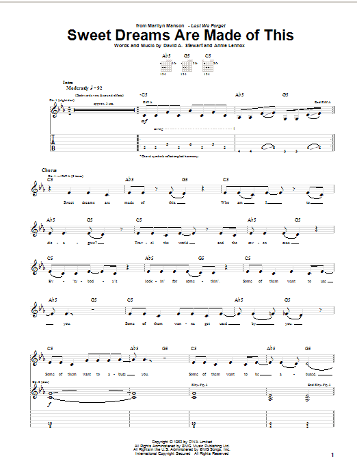 Download Marilyn Manson Sweet Dreams (Are Made Of This) Sheet Music and learn how to play Guitar Tab PDF digital score in minutes