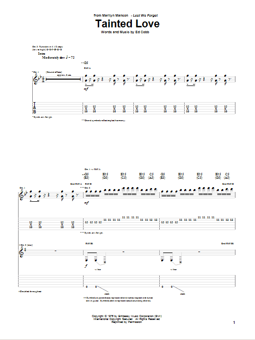 Download Marilyn Manson Tainted Love Sheet Music and learn how to play Lyrics & Chords PDF digital score in minutes