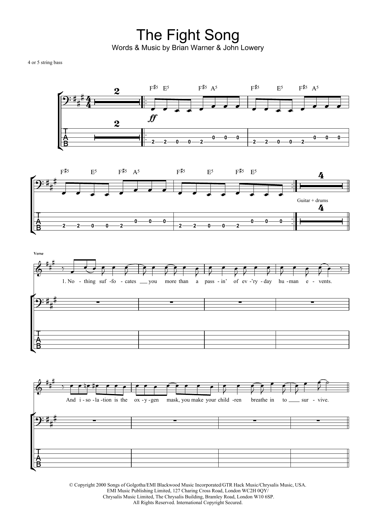 Download Marilyn Manson The Fight Song Sheet Music and learn how to play Guitar Tab PDF digital score in minutes