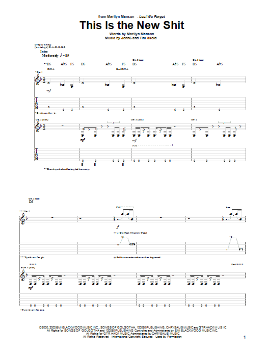 Download Marilyn Manson This Is The New Shit Sheet Music and learn how to play Guitar Tab PDF digital score in minutes