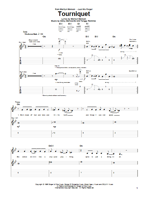 Download Marilyn Manson Tourniquet Sheet Music and learn how to play Guitar Tab PDF digital score in minutes