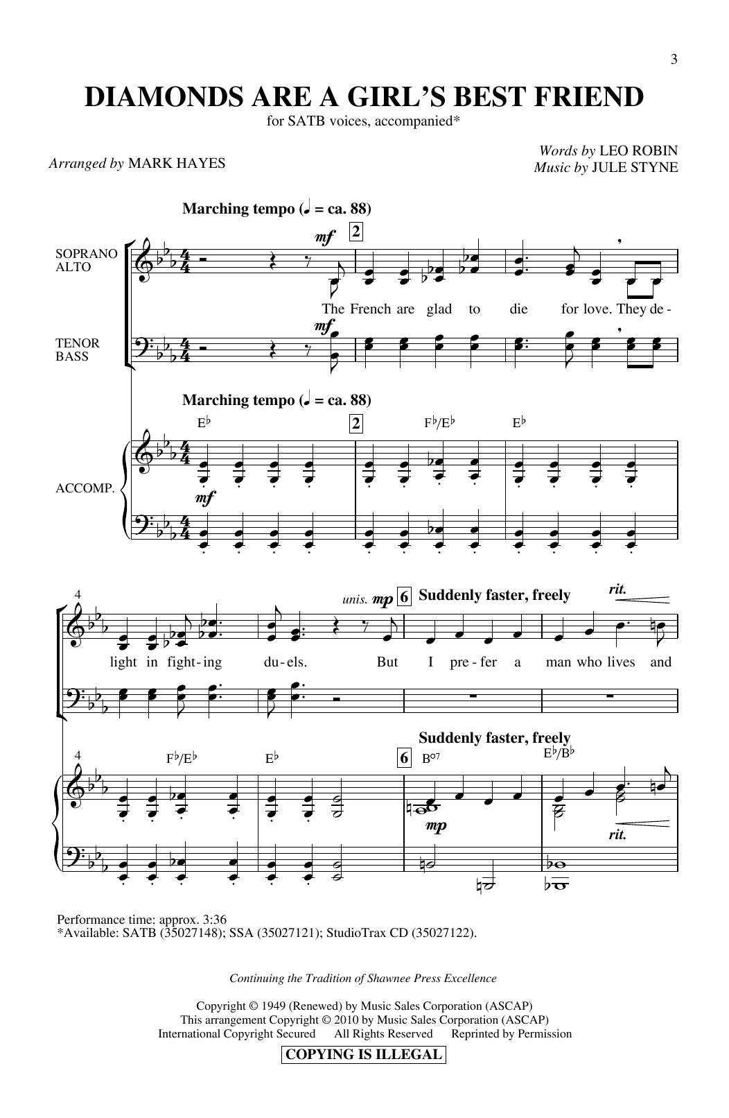 Download Marilyn Monroe Diamonds Are A Girl's Best Friend (arr. Mark Hayes) Sheet Music and learn how to play SSA Choir PDF digital score in minutes