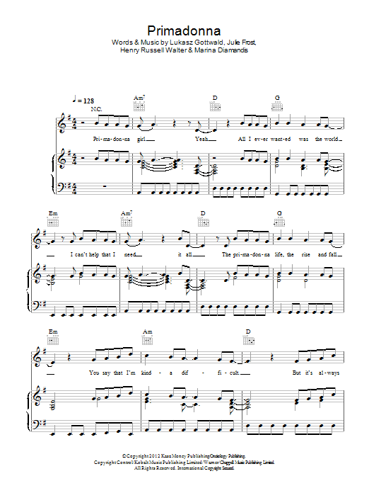 Download Marina & The Diamonds Primadonna Sheet Music and learn how to play Piano, Vocal & Guitar (Right-Hand Melody) PDF digital score in minutes
