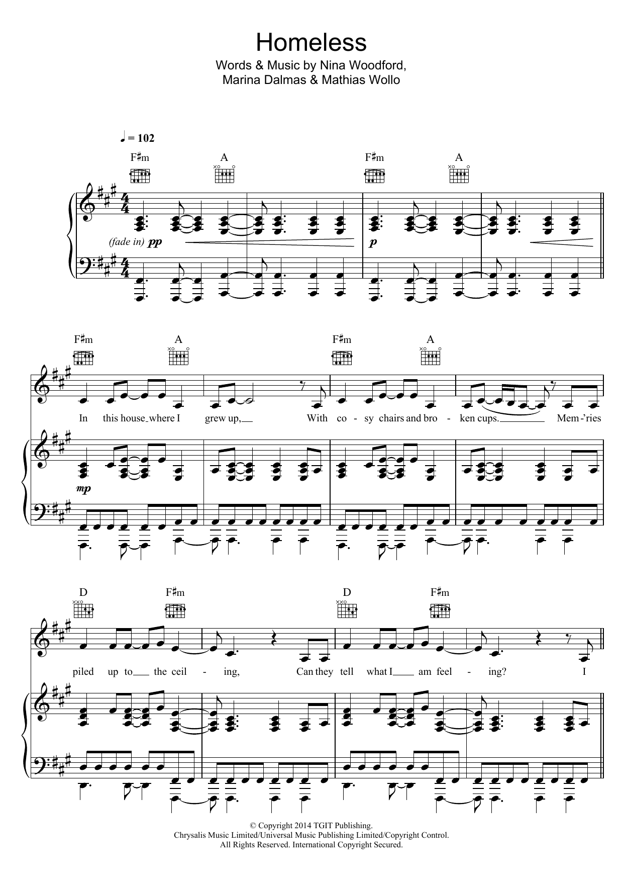 Download Marina Kaye Homeless Sheet Music and learn how to play Piano, Vocal & Guitar (Right-Hand Melody) PDF digital score in minutes