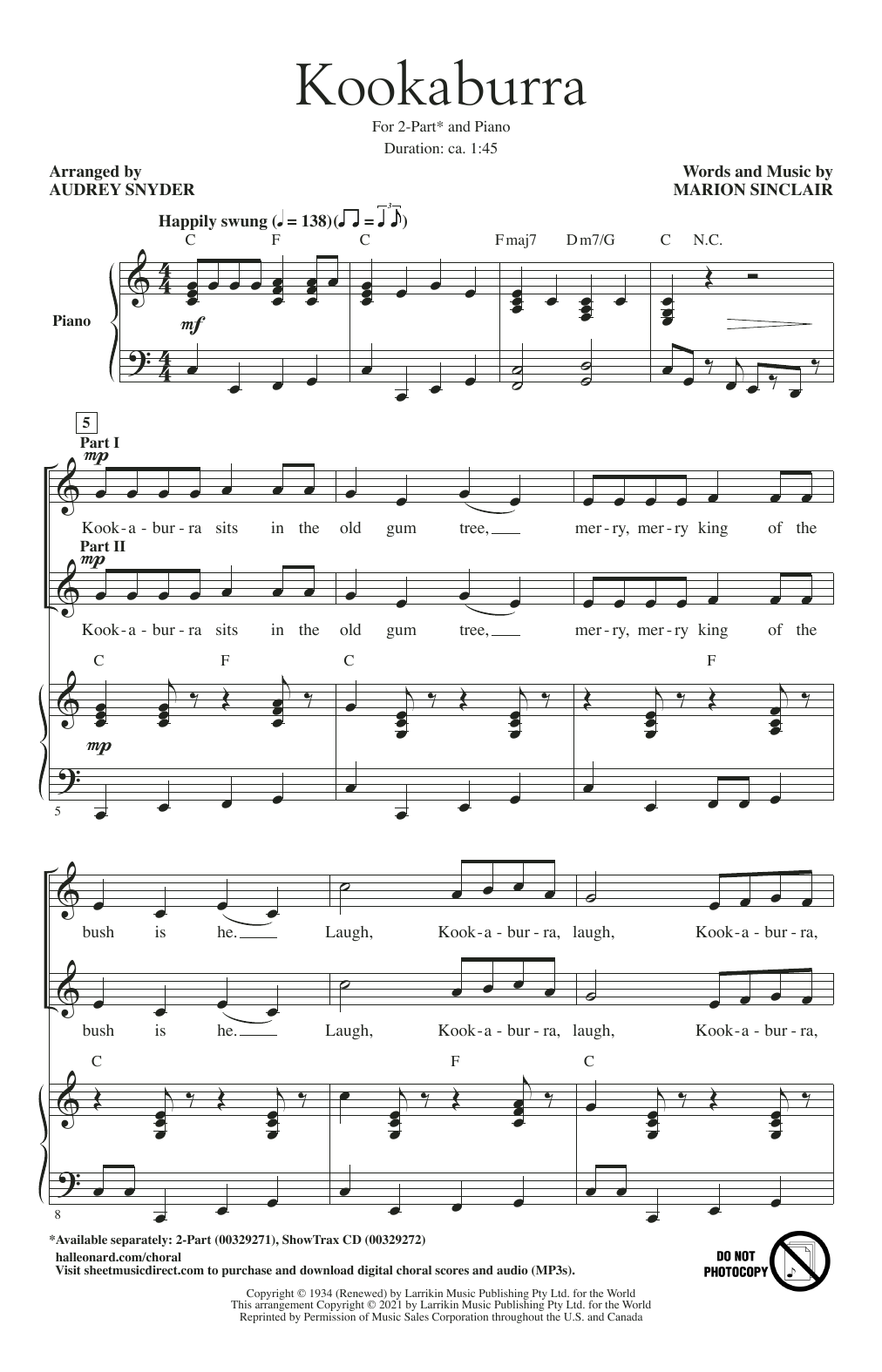 Download Marion Sinclair Kookaburra (Kookaburra Sits In The Old Gum Tree) (arr. Audrey Snyder) Sheet Music and learn how to play 2-Part Choir PDF digital score in minutes