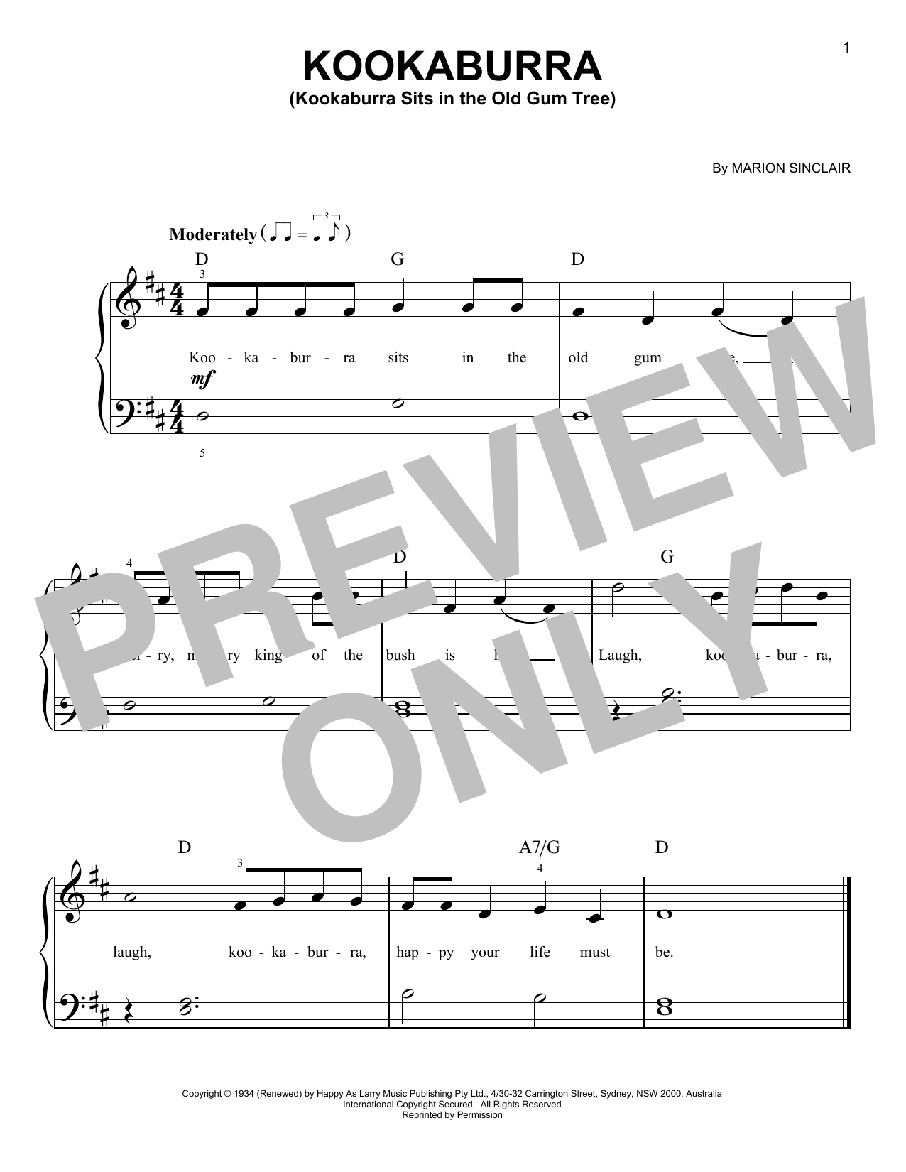 Download Marion Sinclair Kookaburra (Kookaburra Sits In The Old Gum Tree) Sheet Music and learn how to play Easy Piano PDF digital score in minutes