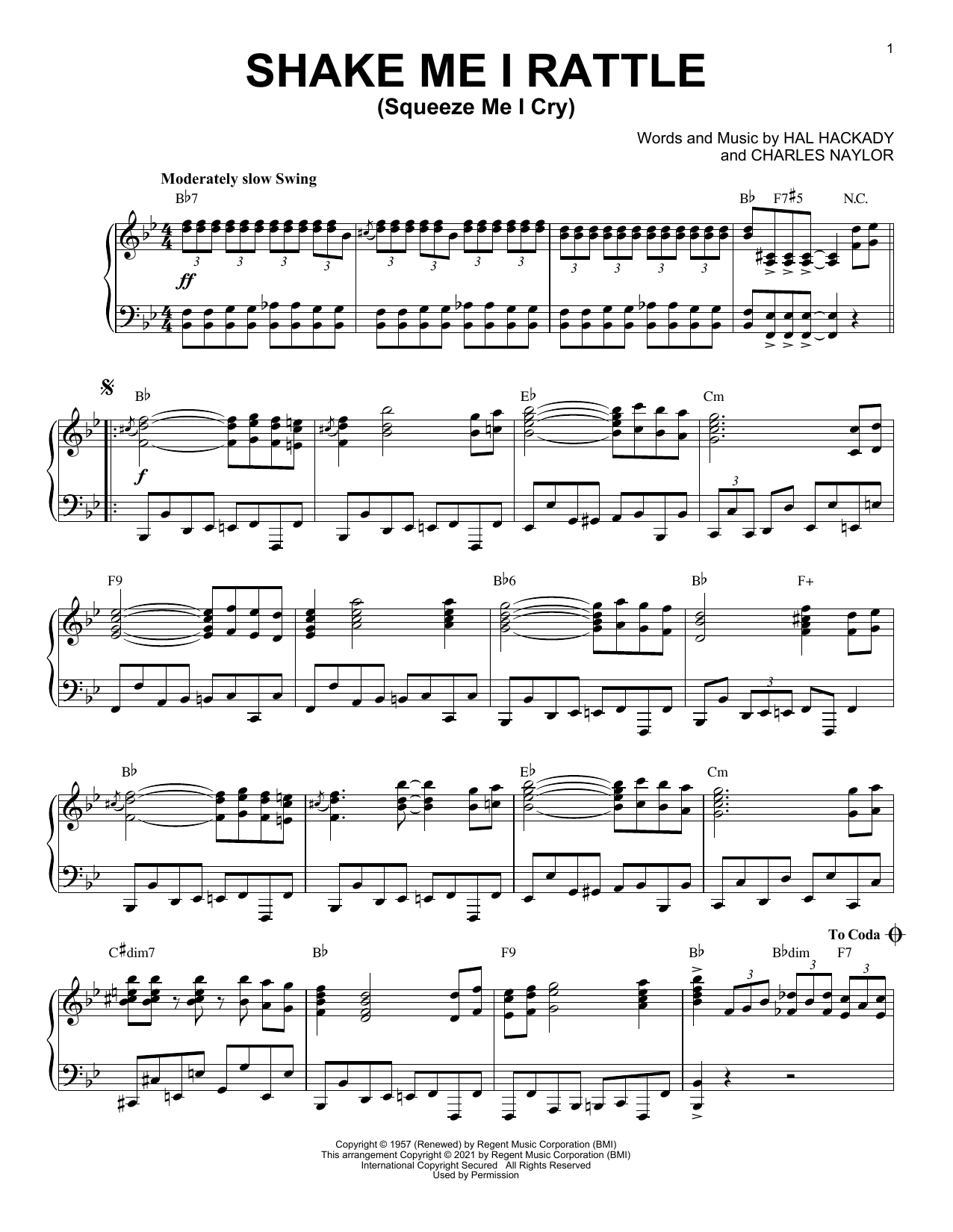 Download Marion Worth Shake Me I Rattle (Squeeze Me I Cry) [Jazz version] (arr. Brent Edstrom) Sheet Music and learn how to play Piano Solo PDF digital score in minutes