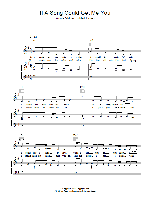 Download Marit Larsen If A Song Could Get Me You Sheet Music and learn how to play Piano, Vocal & Guitar (Right-Hand Melody) PDF digital score in minutes