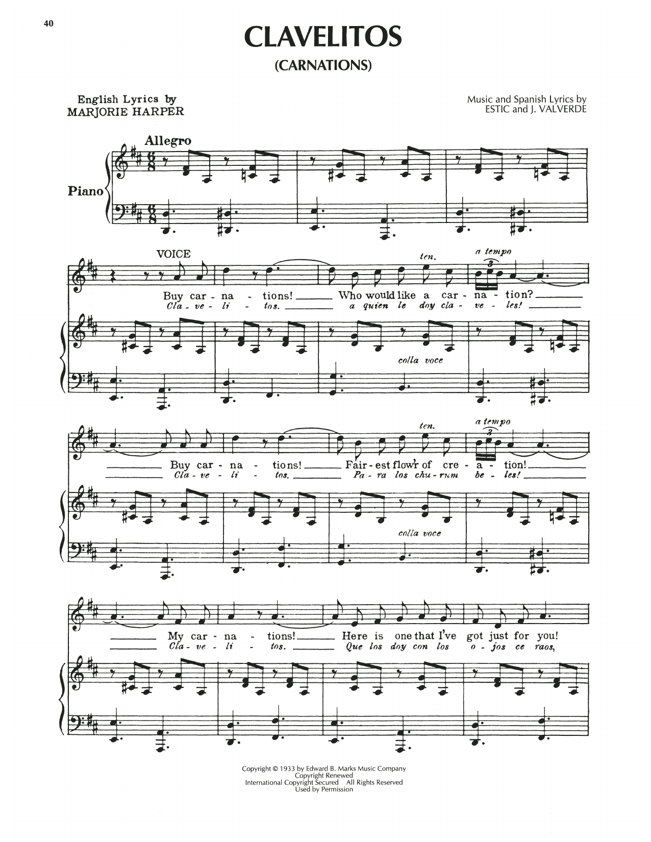 Download Marjorie Harper Clavelitos Sheet Music and learn how to play Piano, Vocal & Guitar Chords (Right-Hand Melody) PDF digital score in minutes