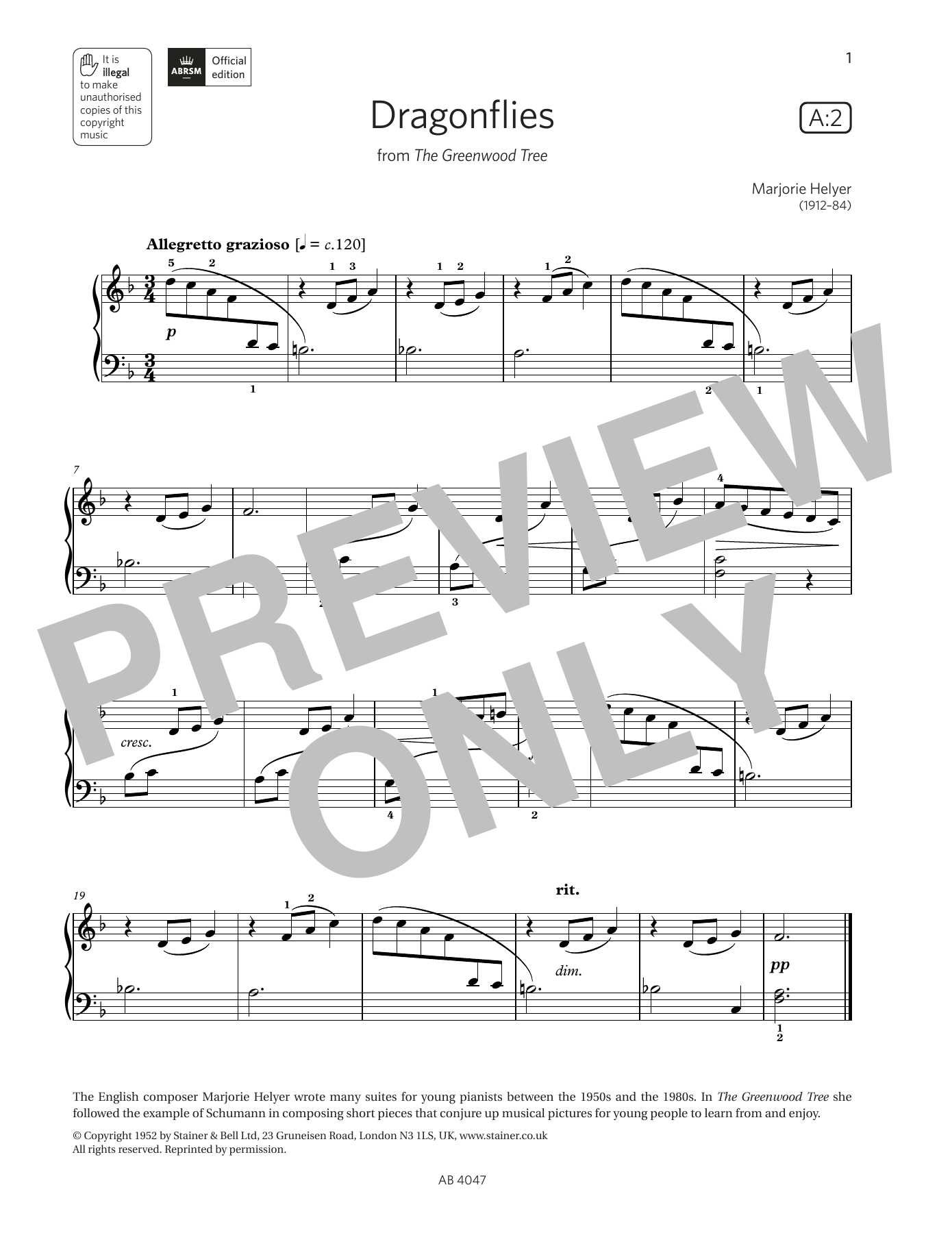 Download Marjorie Helyer Dragonflies (Grade 1, list A2, from the ABRSM Piano Syllabus 2023 & 2024) Sheet Music and learn how to play Piano Solo PDF digital score in minutes