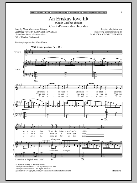 Download Marjory Kennedy-Fraser An Eriskay Love Lilt (Gradh Geal Mo Chridh) - Chant D Amour Des Hebrides Sheet Music and learn how to play Piano & Vocal PDF digital score in minutes