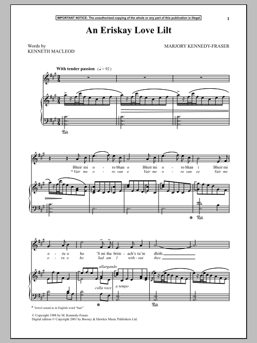 Download Marjory Kennedy-Fraser An Eriskay Love Lilt Sheet Music and learn how to play Piano & Vocal PDF digital score in minutes