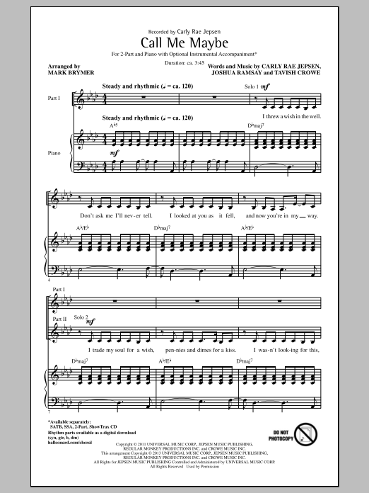 Download Carly Rae Jepsen Call Me Maybe (arr. Mark Brymer) Sheet Music and learn how to play 2-Part Choir PDF digital score in minutes