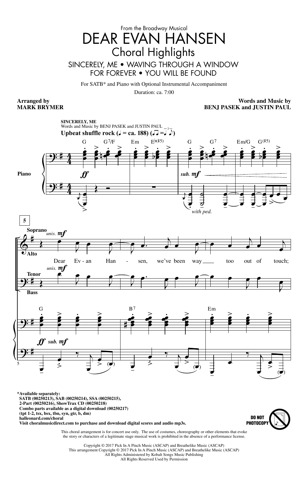 Download Mark Brymer Dear Evan Hansen (Choral Highlights) Sheet Music and learn how to play SATB PDF digital score in minutes