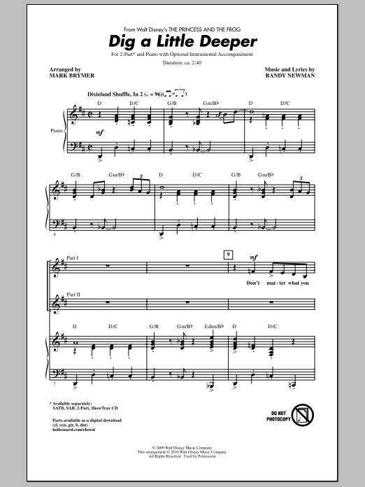 Download Mark Brymer Dig A Little Deeper (from The Princess And The Frog) Sheet Music and learn how to play 2-Part Choir PDF digital score in minutes
