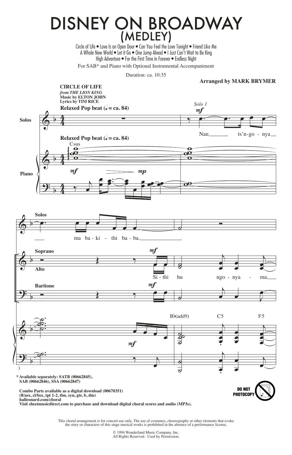 Download Mark Brymer Disney On Broadway (Medley) Sheet Music and learn how to play SAB Choir PDF digital score in minutes