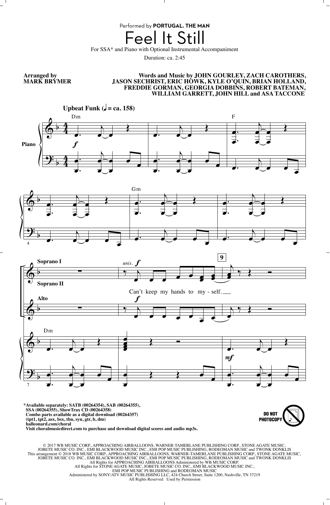Download Mark Brymer Feel It Still Sheet Music and learn how to play SSA PDF digital score in minutes