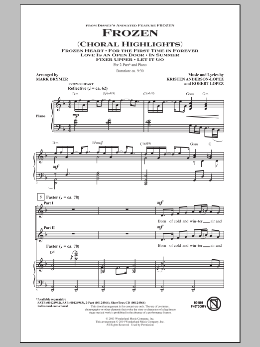 Download Robert Lopez Frozen (Choral Highlights) (arr. Mark Brymer) Sheet Music and learn how to play 2-Part Choir PDF digital score in minutes