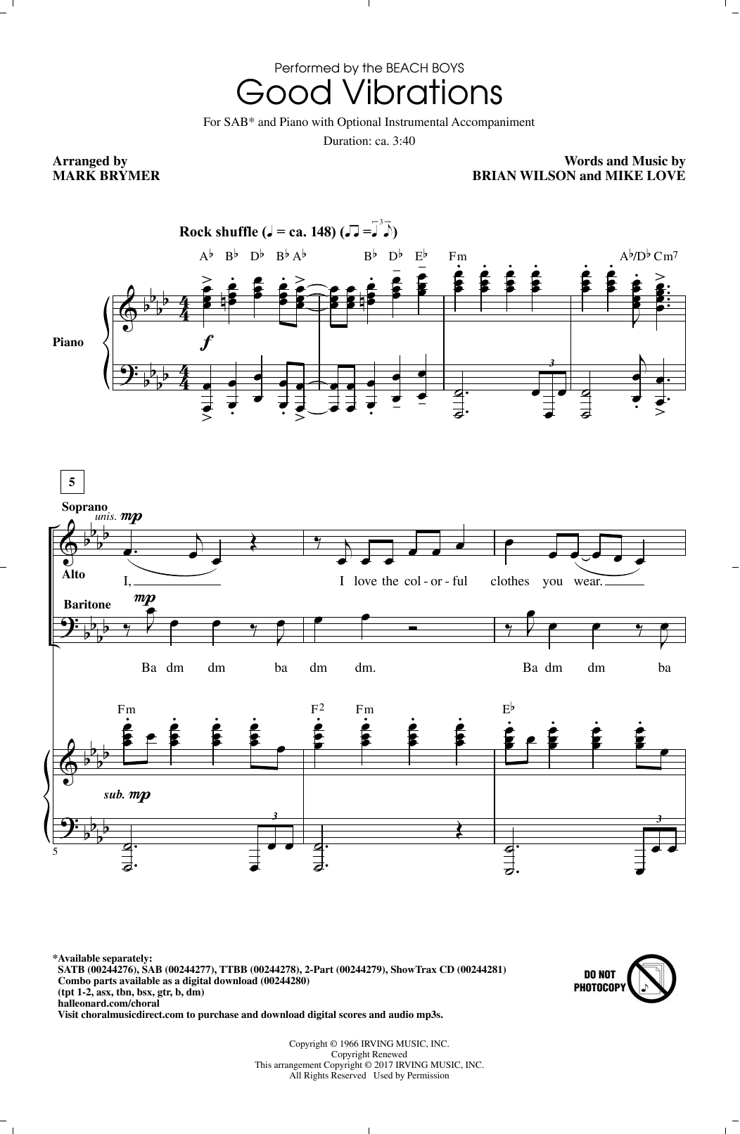 Download Mark Brymer Good Vibrations Sheet Music and learn how to play SATB PDF digital score in minutes