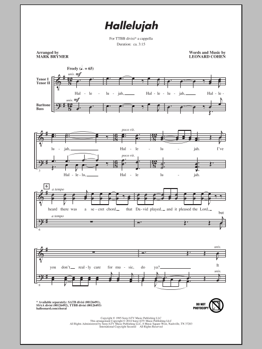 Download Leonard Cohen Hallelujah (arr. Mark Brymer) Sheet Music and learn how to play TTBB PDF digital score in minutes
