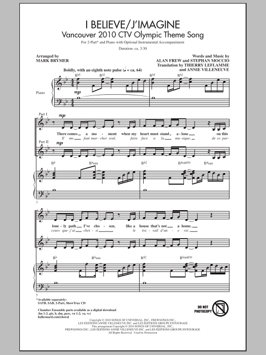 Download Mark Brymer I Believe / J'Imagine Sheet Music and learn how to play 2-Part Choir PDF digital score in minutes