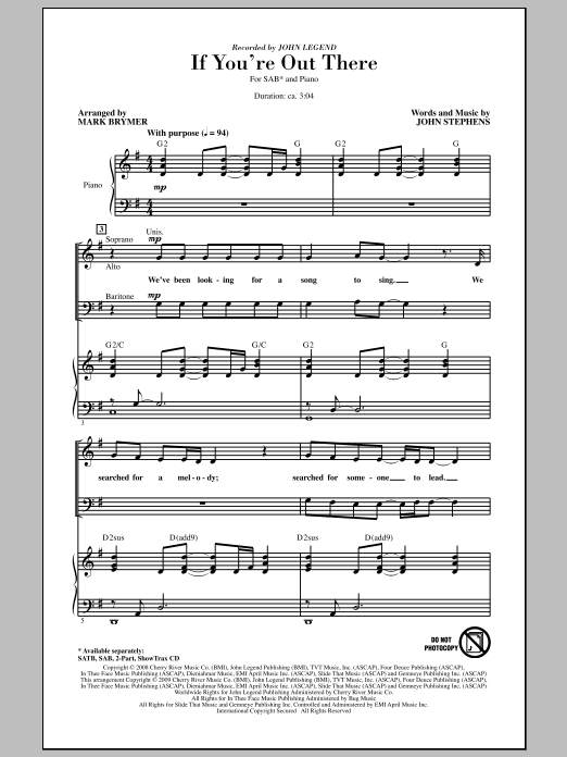 Download Mark Brymer If You're Out There Sheet Music and learn how to play SAB Choir PDF digital score in minutes