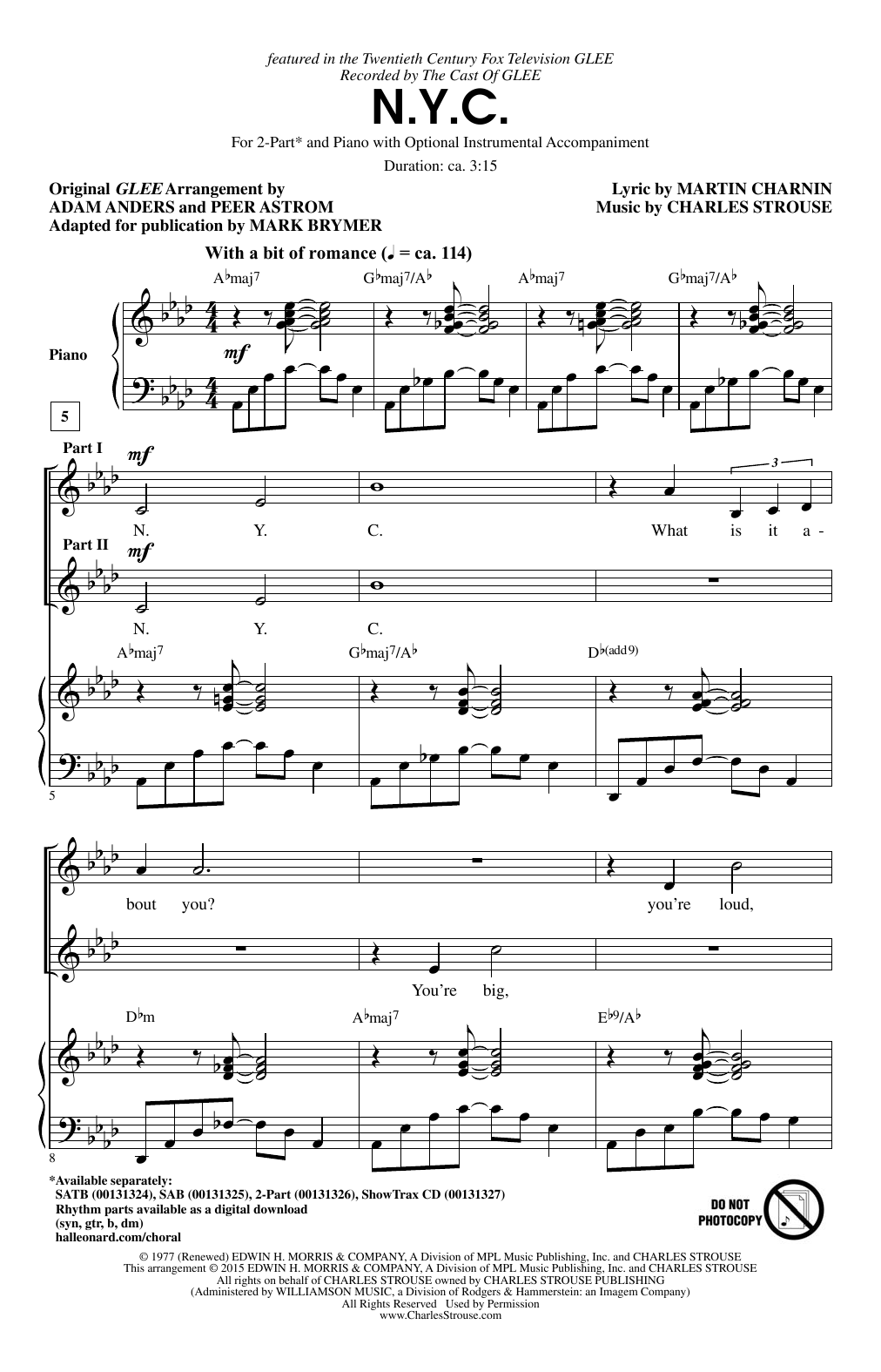 Download Glee Cast N.Y.C. (arr. Mark Brymer) Sheet Music and learn how to play 2-Part Choir PDF digital score in minutes