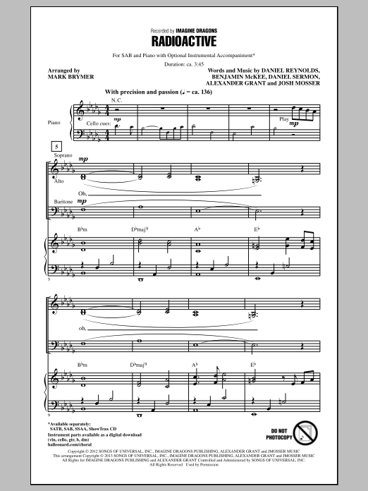 Download Imagine Dragons Radioactive (arr. Mark Brymer) Sheet Music and learn how to play SAB PDF digital score in minutes