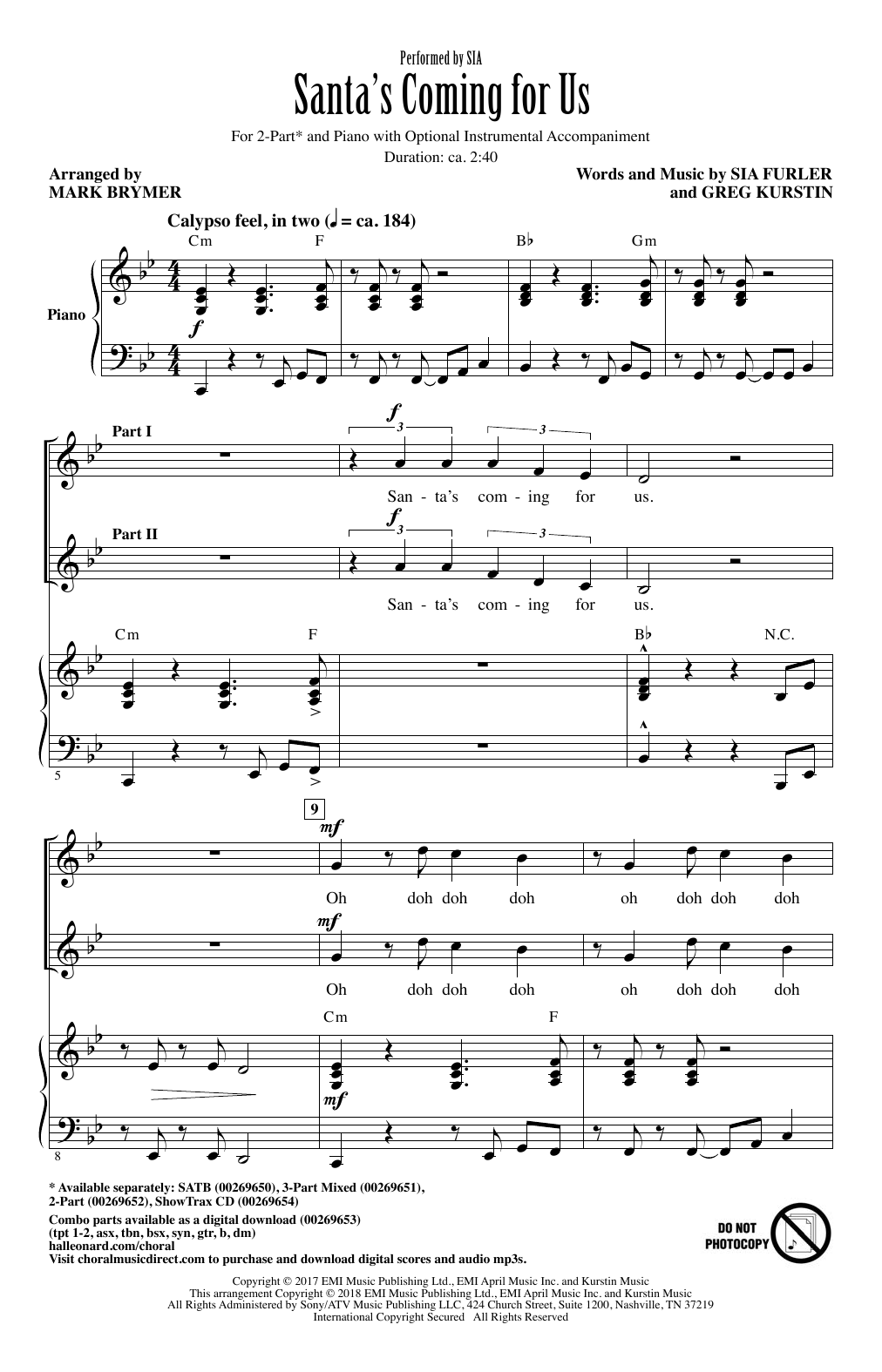 Download Mark Brymer Santa's Coming For Us Sheet Music and learn how to play 2-Part Choir PDF digital score in minutes