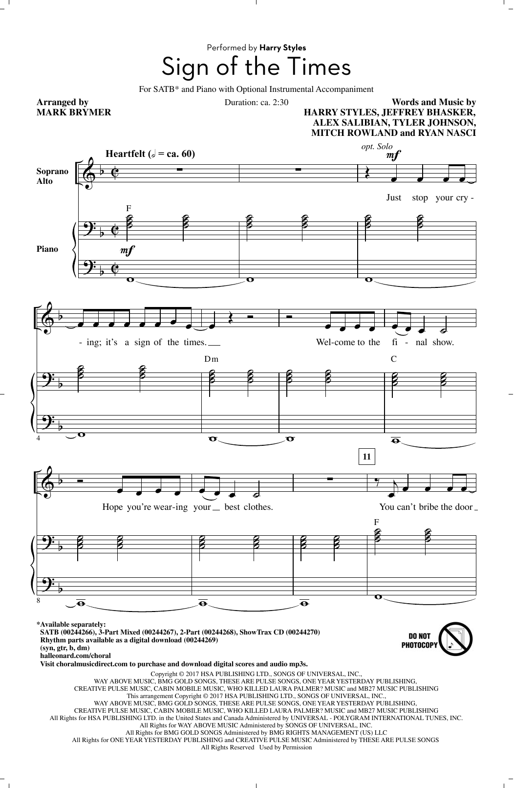 Download Mark Brymer Sign Of The Times Sheet Music and learn how to play SATB PDF digital score in minutes