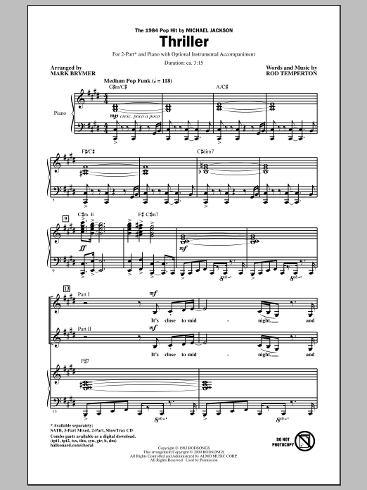 Download Mark Brymer Thriller Sheet Music and learn how to play 3-Part Mixed Choir PDF digital score in minutes