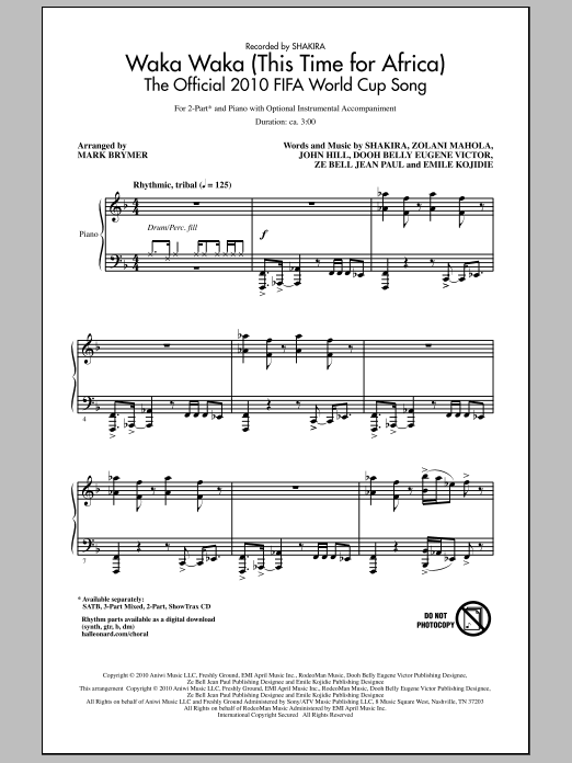Download Mark Brymer Waka Waka (This Time For Africa) - The Official 2010 FIFA World Cup Song Sheet Music and learn how to play 2-Part Choir PDF digital score in minutes