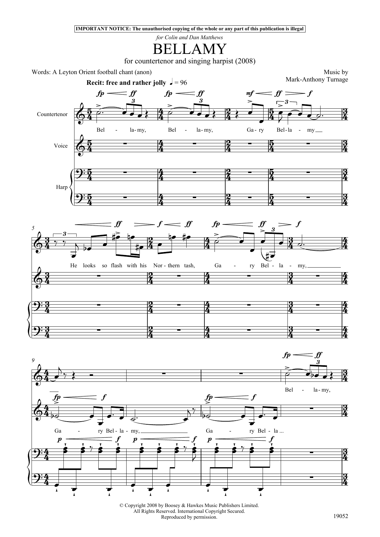 Download Mark-Anthony Turnage Bellamy (for counter-tenor, tenor & harp) Sheet Music and learn how to play Piano & Vocal PDF digital score in minutes