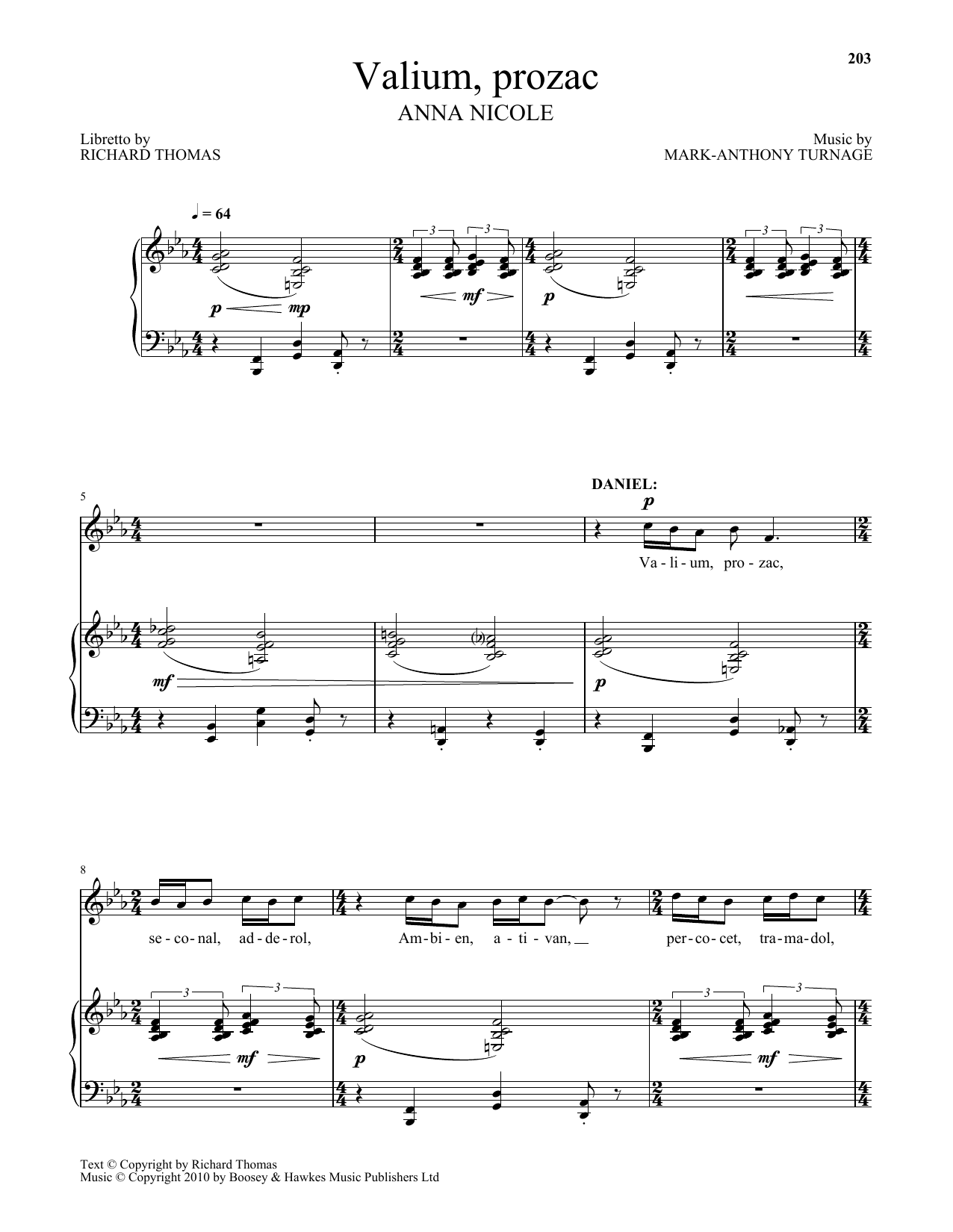Download Mark-Anthony Turnage Valium, Prozac Sheet Music and learn how to play Piano & Vocal PDF digital score in minutes
