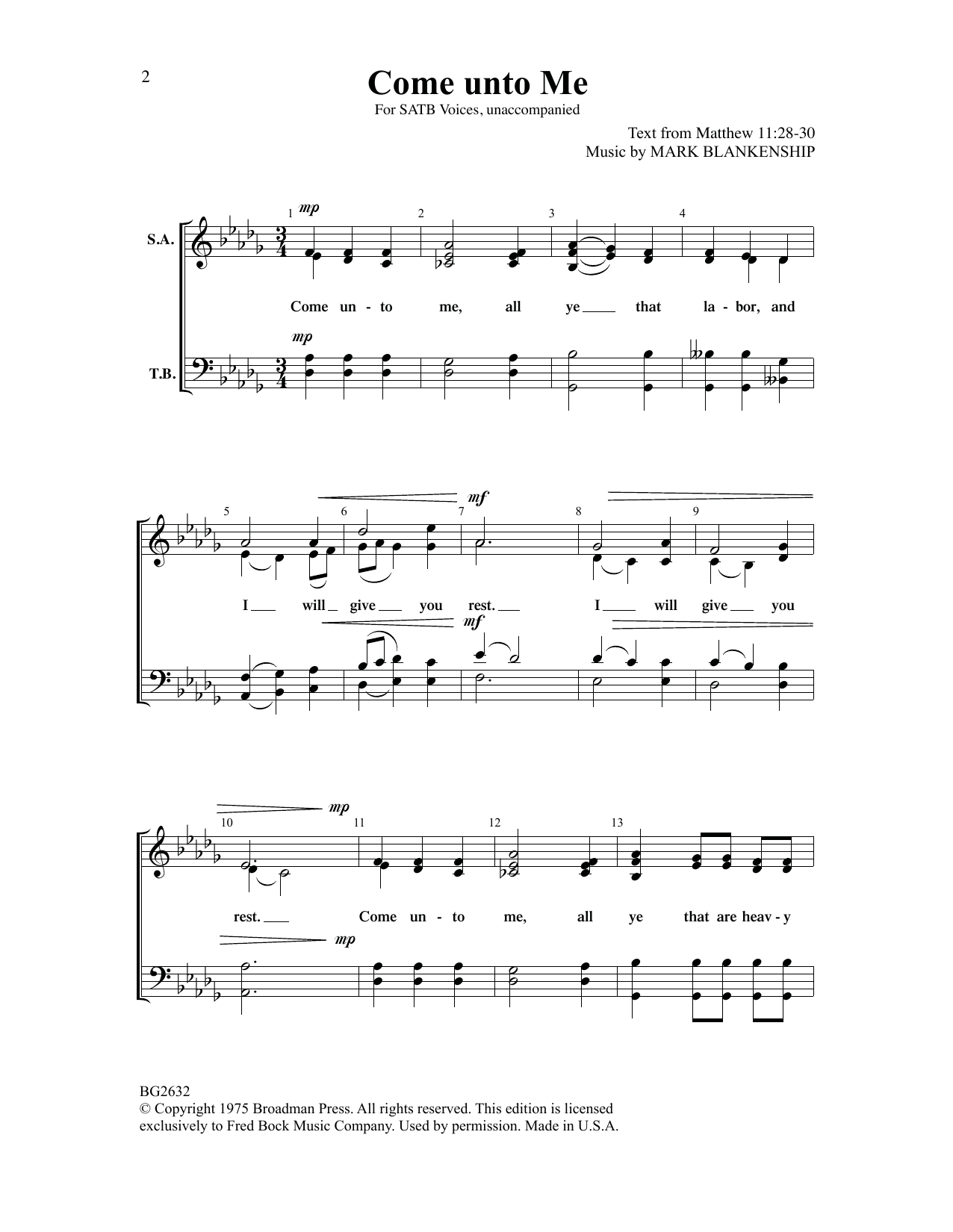 Download Mark Blankenship Come Unto Me Sheet Music and learn how to play SATB Choir PDF digital score in minutes