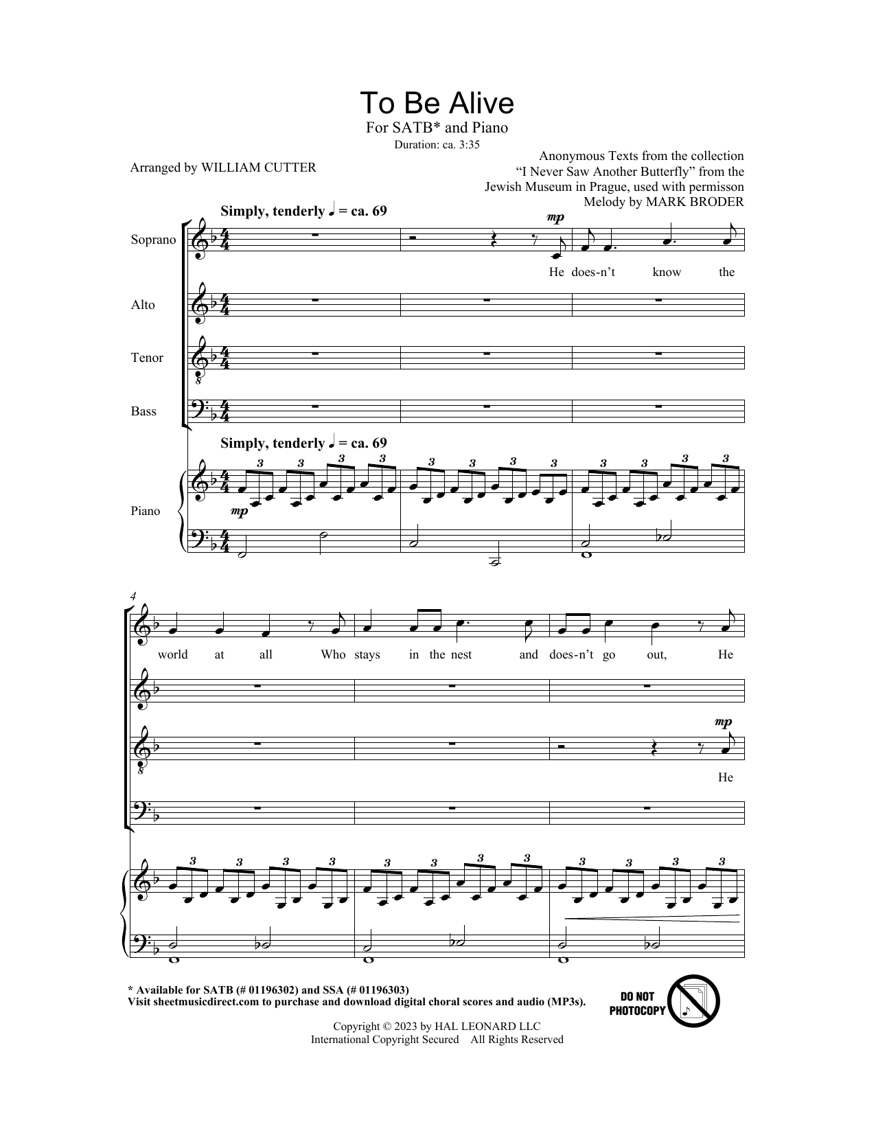 Download Mark Broder To Be Alive (Birdsong) (arr. Bill Cutler) Sheet Music and learn how to play SATB Choir PDF digital score in minutes