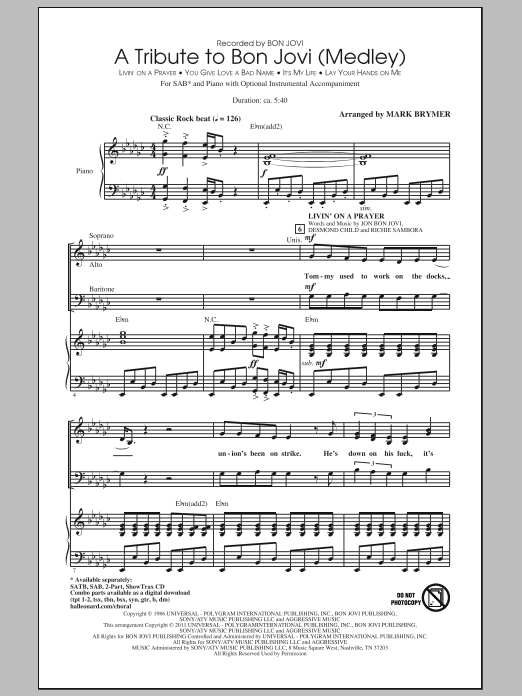 Download Mark Brymer A Tribute To Bon Jovi (Medley) Sheet Music and learn how to play SAB PDF digital score in minutes
