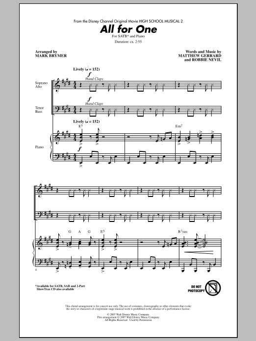 Download Mark Brymer All For One (from High School Musical 2) Sheet Music and learn how to play SAB Choir PDF digital score in minutes