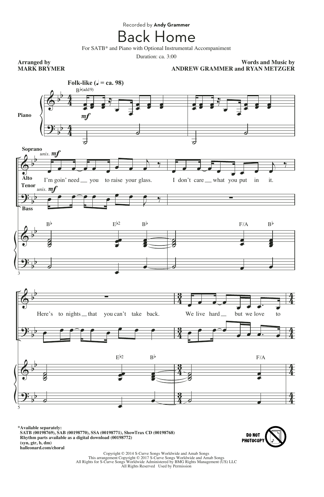 Download Andy Grammer Back Home (arr. Mark Brymer) Sheet Music and learn how to play SAB PDF digital score in minutes