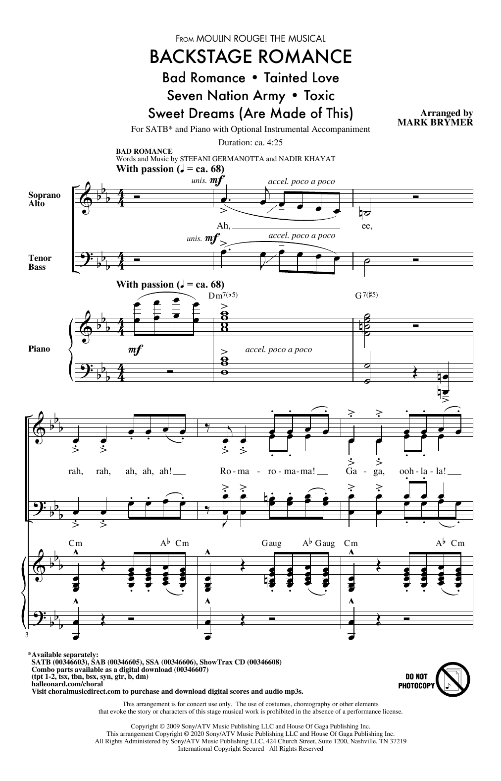 Download Mark Brymer Backstage Romance (from Moulin Rouge! The Musical) Sheet Music and learn how to play SATB Choir PDF digital score in minutes